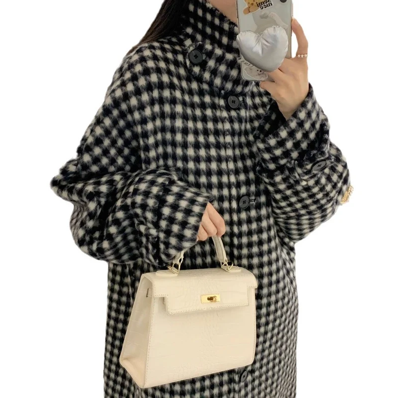 Damen Hahnentritt Oversize Wollmix-Mantel mit weitem Schnitt und Knopfverschluss Nord Taschen