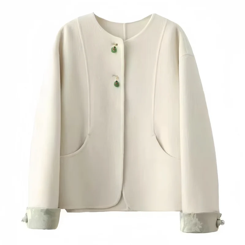 Damen Boxy Wolljacke mit bestickten Manschetten und Stehkragen Nord Taschen