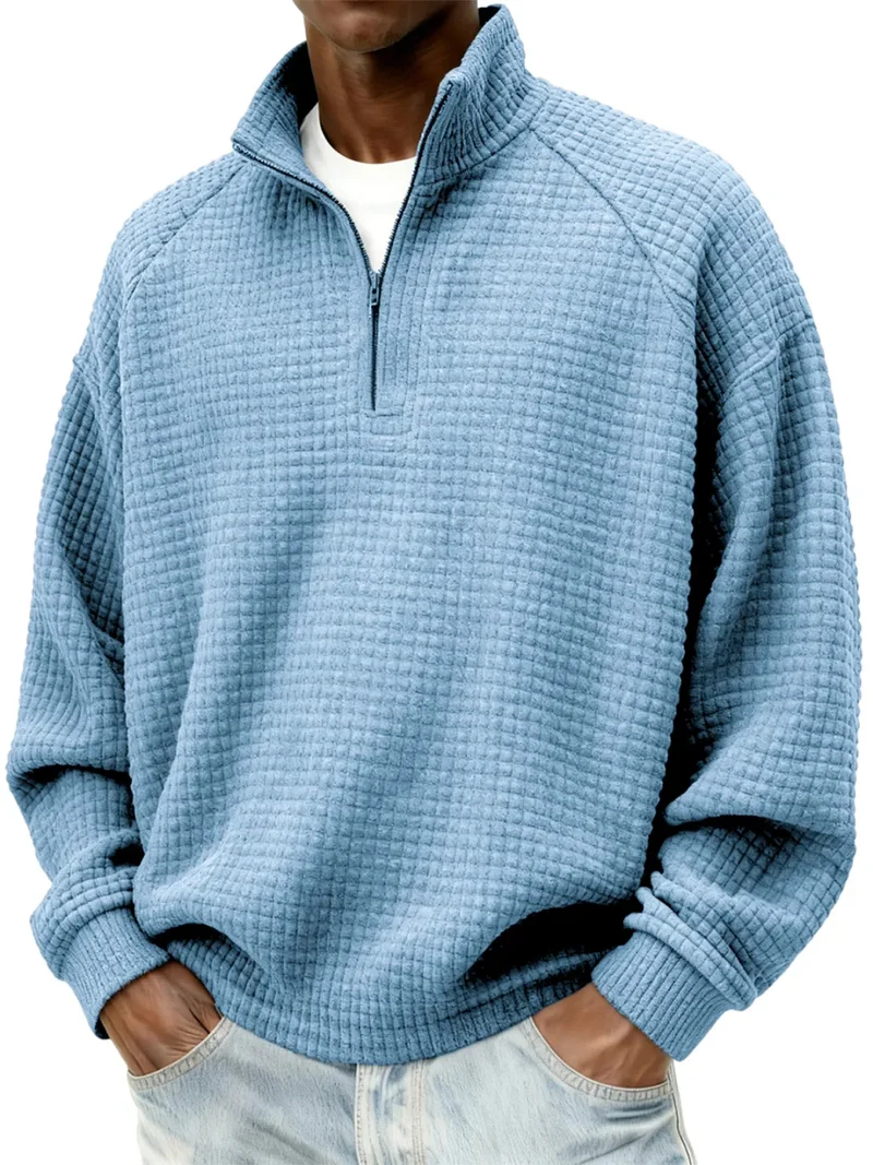 Herren Waffelstrick-Oversize-Pullover mit Halbreißverschluss und Stehkragen Nord Taschen