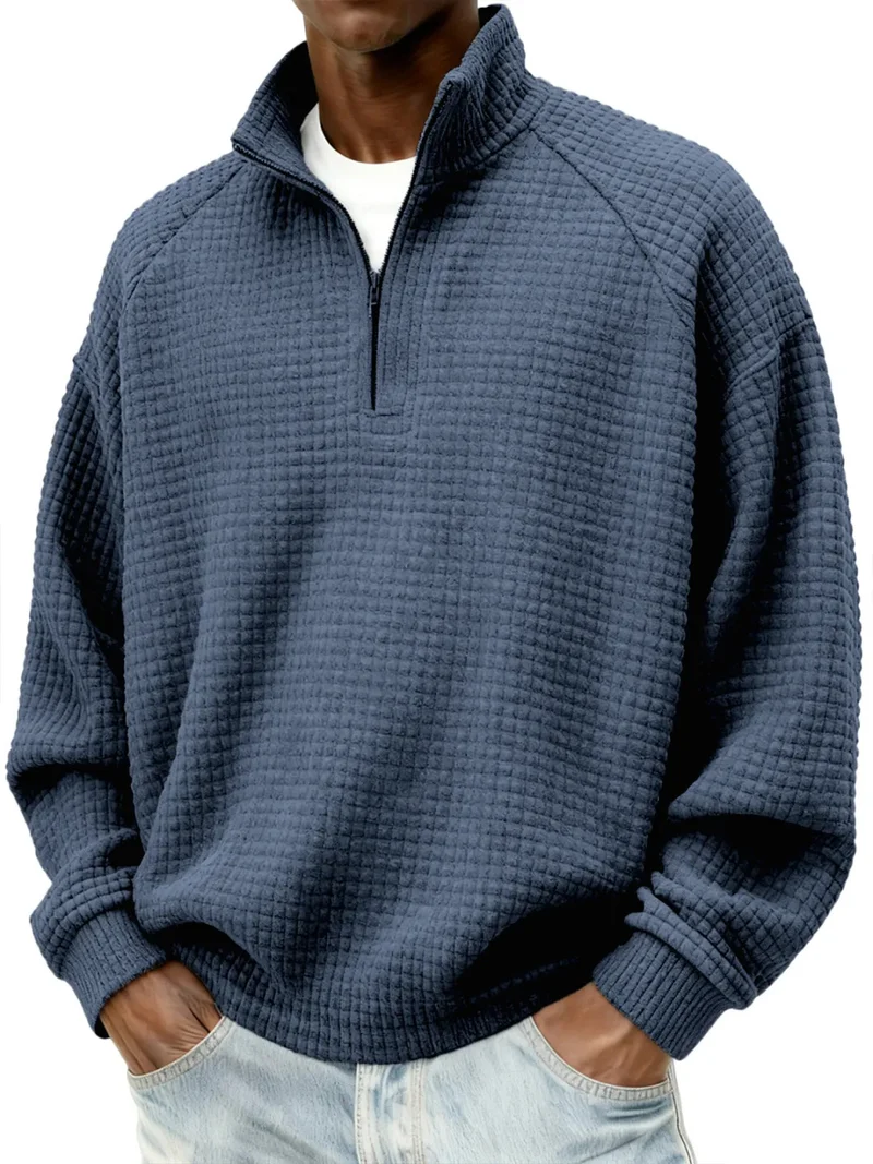 Herren Waffelstrick-Oversize-Pullover mit Halbreißverschluss und Stehkragen Nord Taschen