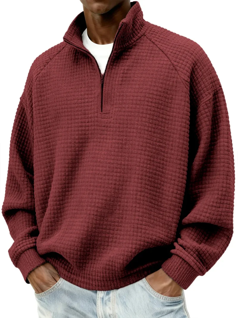 Herren Waffelstrick-Oversize-Pullover mit Halbreißverschluss und Stehkragen Nord Taschen