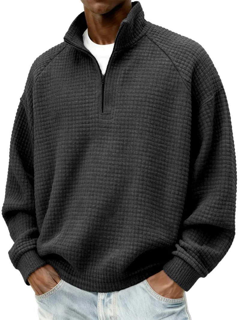 Herren Waffelstrick-Oversize-Pullover mit Halbreißverschluss und Stehkragen Nord Taschen