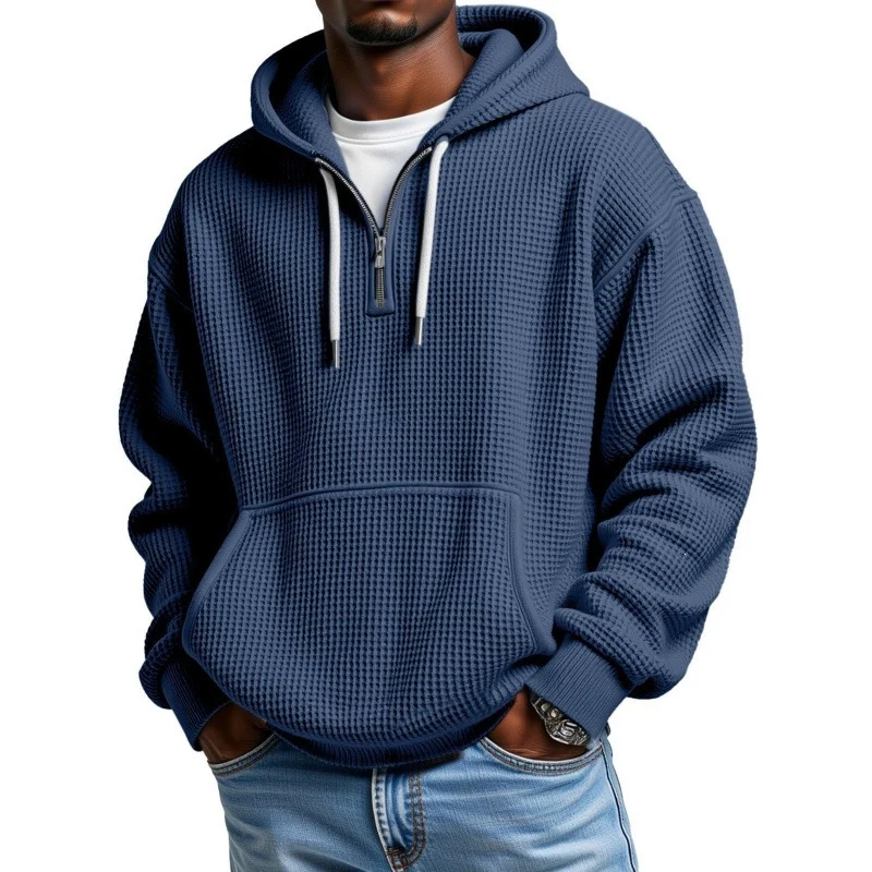Herren Waffelstrick Halfzip-Kapuzenpullover mit Kängurutasche Nord Taschen