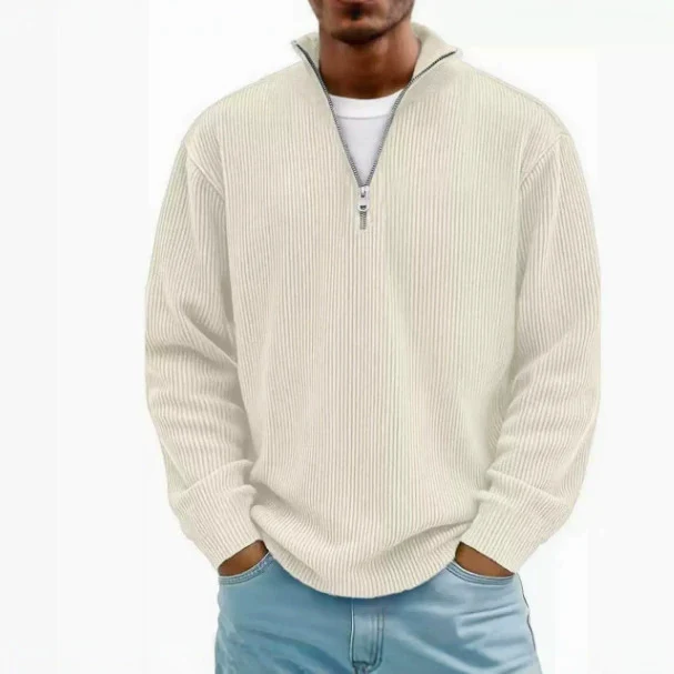 Herren Gerippter Halbzip-Strickpullover mit Stehkragen und lockerer Passform Nord Taschen