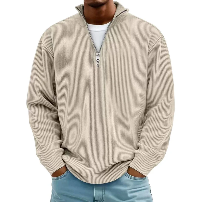 Herren Gerippter Halbzip-Strickpullover mit Stehkragen und lockerer Passform Nord Taschen