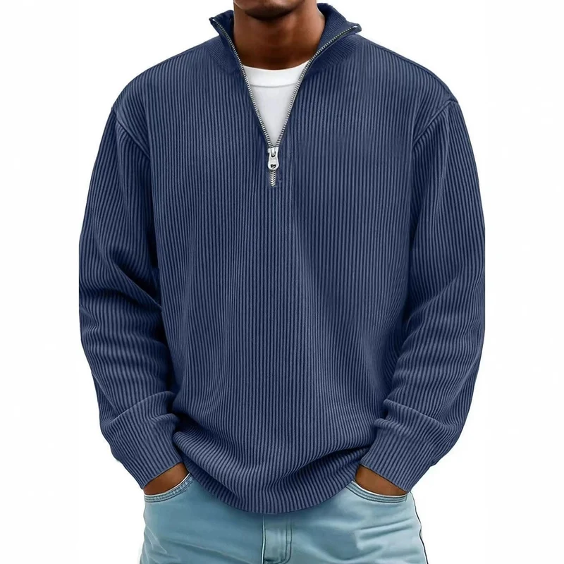 Herren Gerippter Halbzip-Strickpullover mit Stehkragen und lockerer Passform Nord Taschen
