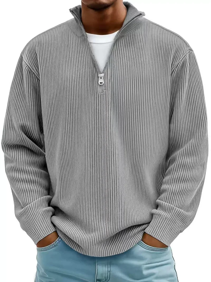 Herren Gerippter Halbzip-Strickpullover mit Stehkragen und lockerer Passform Nord Taschen