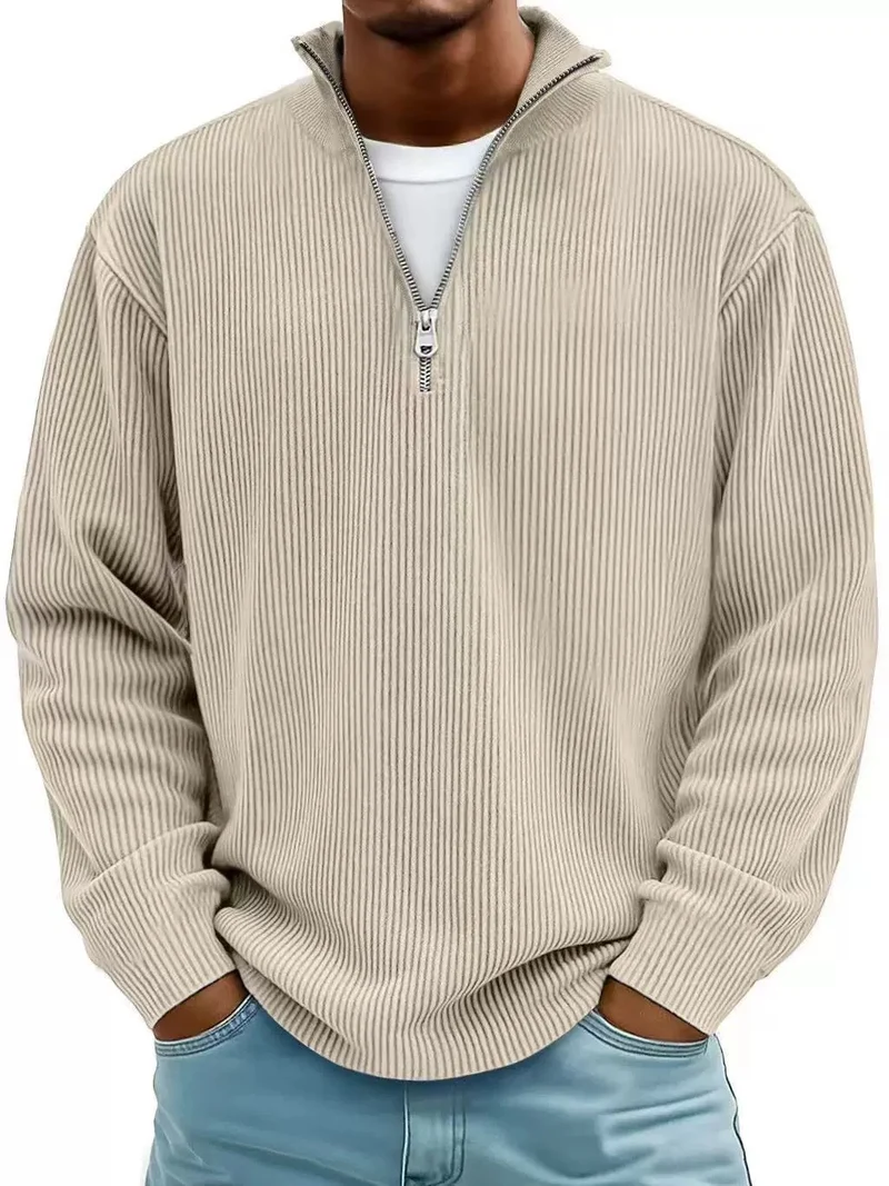 Herren Gerippter Halbzip-Strickpullover mit Stehkragen und lockerer Passform Nord Taschen