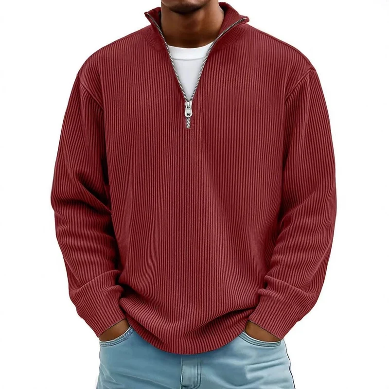 Herren Gerippter Halbzip-Strickpullover mit Stehkragen und lockerer Passform Nord Taschen