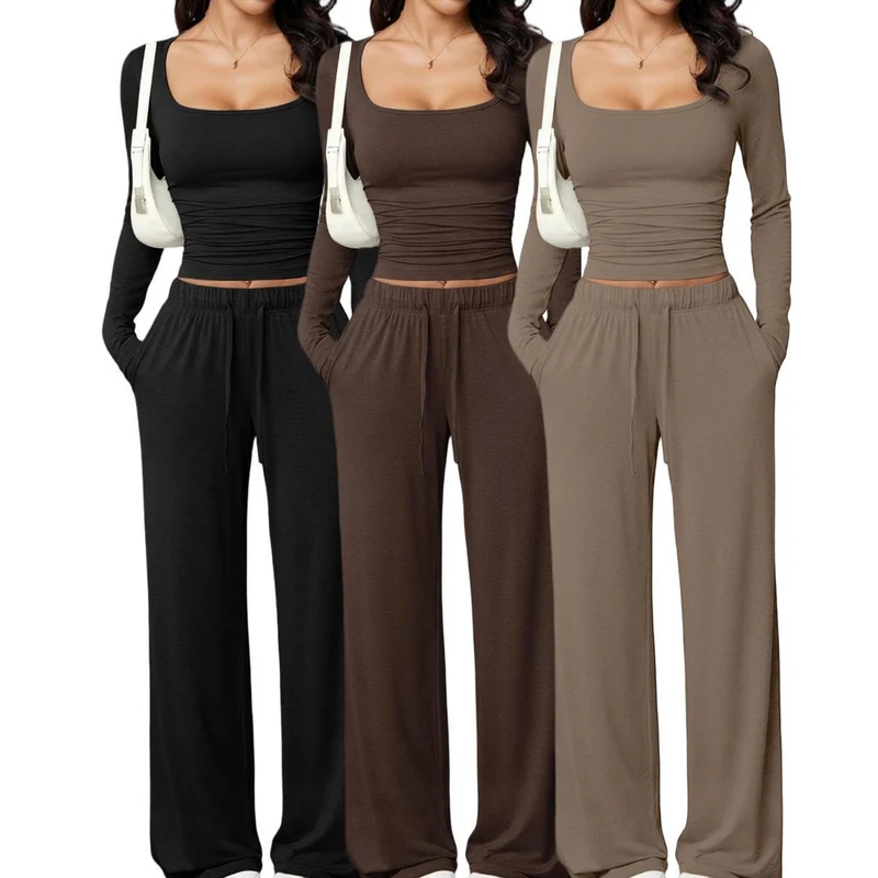 Damen Zweiteiliges Relax-Set mit tailliertem Langarm-Croptop und weiter Jerseyhose Nord Taschen