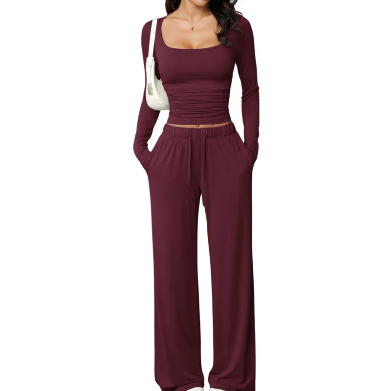 Damen Zweiteiliges Relax-Set mit tailliertem Langarm-Croptop und weiter Jerseyhose Nord Taschen