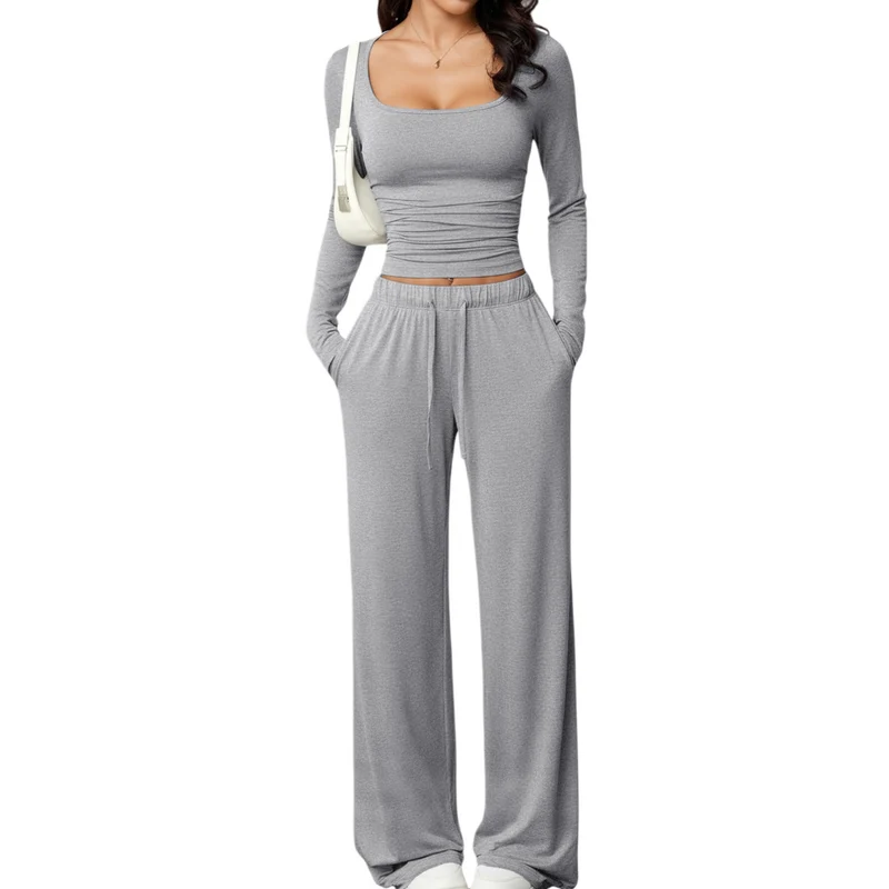 Damen Zweiteiliges Relax-Set mit tailliertem Langarm-Croptop und weiter Jerseyhose Nord Taschen