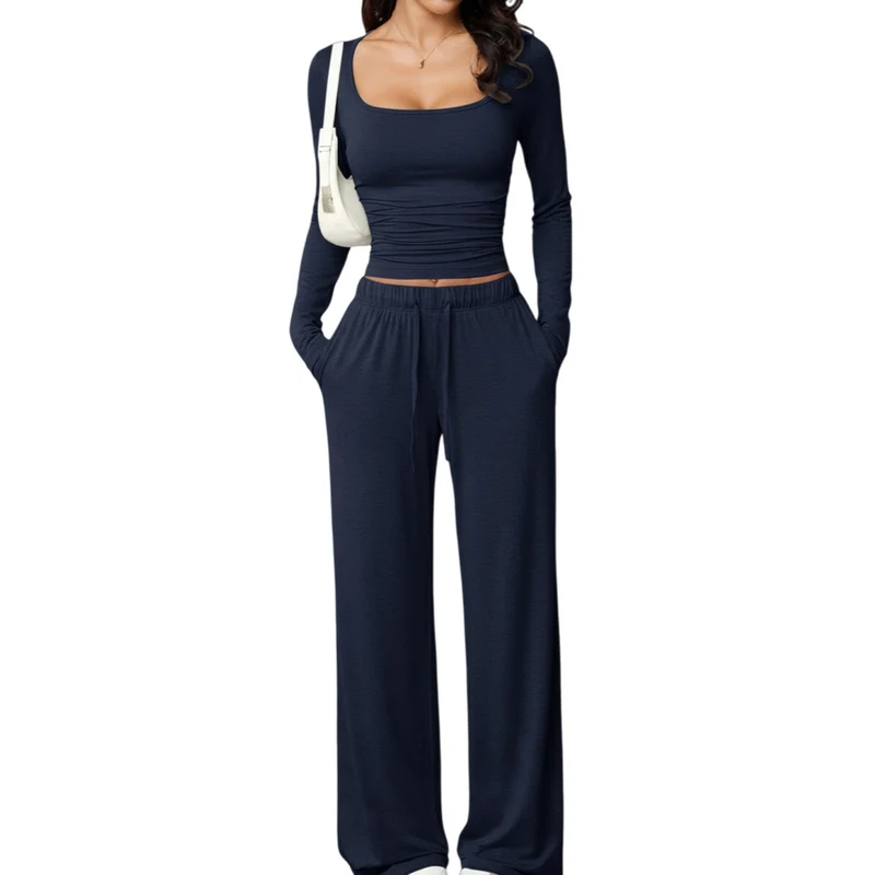 Damen Zweiteiliges Relax-Set mit tailliertem Langarm-Croptop und weiter Jerseyhose Nord Taschen