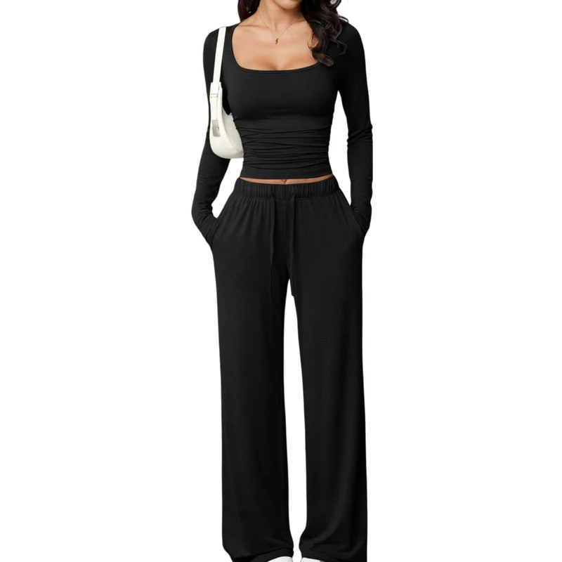 Damen Zweiteiliges Relax-Set mit tailliertem Langarm-Croptop und weiter Jerseyhose Nord Taschen