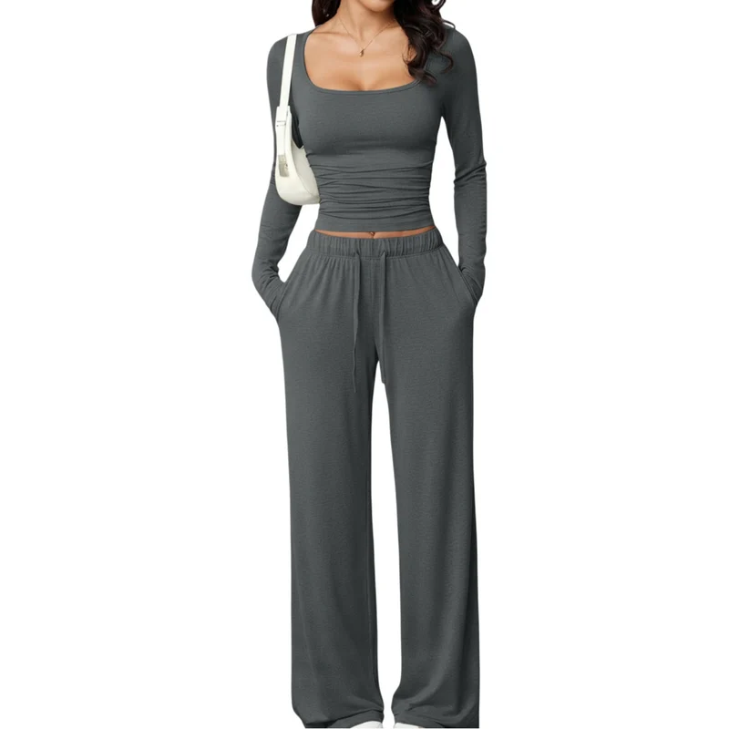 Damen Zweiteiliges Relax-Set mit tailliertem Langarm-Croptop und weiter Jerseyhose Nord Taschen