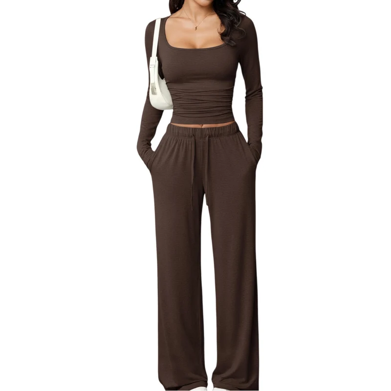 Damen Zweiteiliges Relax-Set mit tailliertem Langarm-Croptop und weiter Jerseyhose Nord Taschen