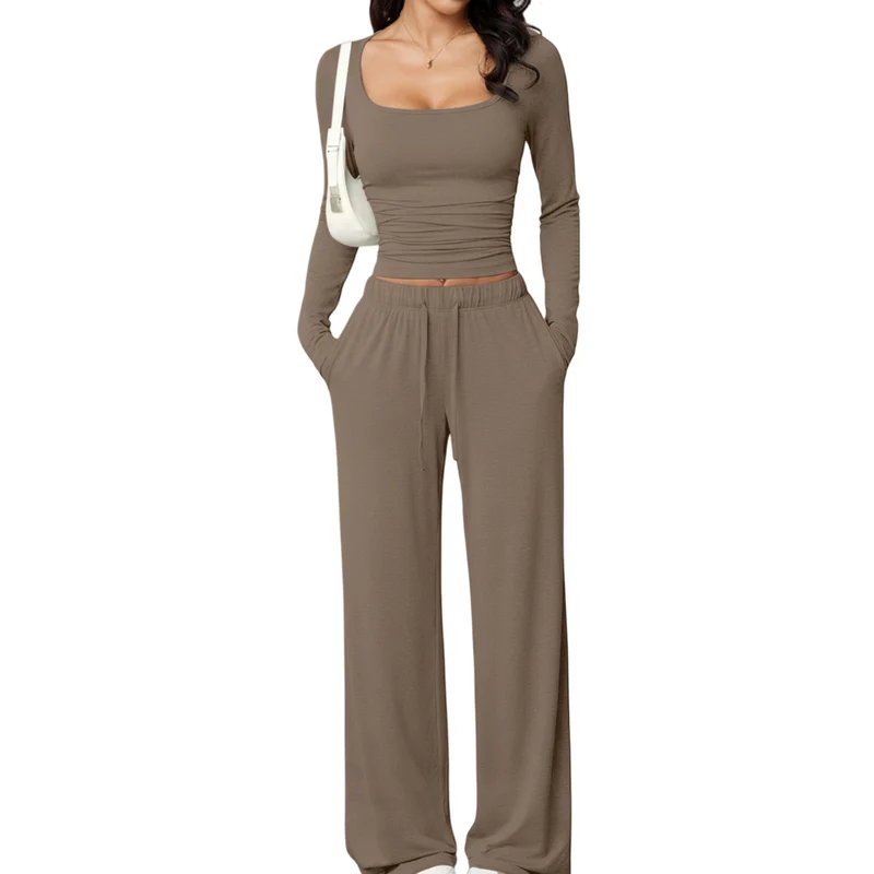 Damen Zweiteiliges Relax-Set mit tailliertem Langarm-Croptop und weiter Jerseyhose Nord Taschen