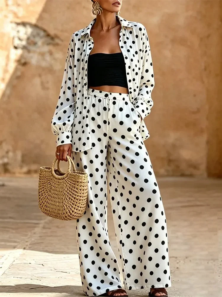 Damen Zweiteiliges Punkte-Loungewear-Set mit weitem Hemd und Palazzo-Hose Nord Taschen