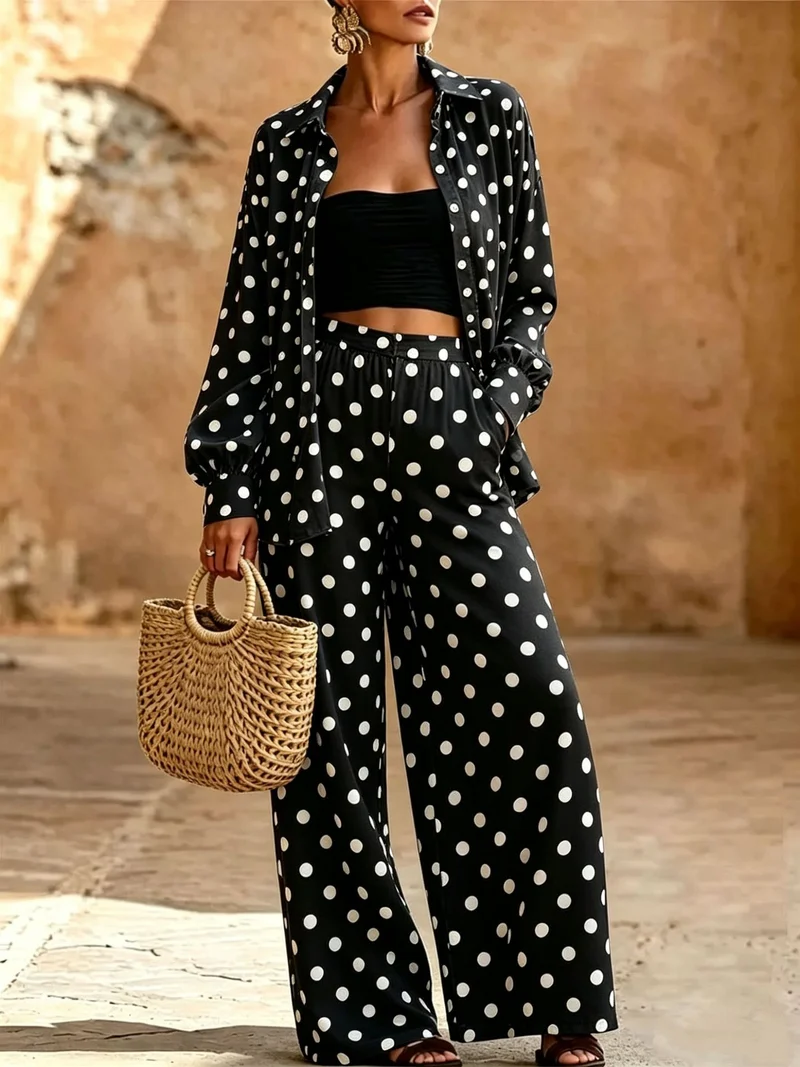 Damen Zweiteiliges Punkte-Loungewear-Set mit weitem Hemd und Palazzo-Hose Nord Taschen