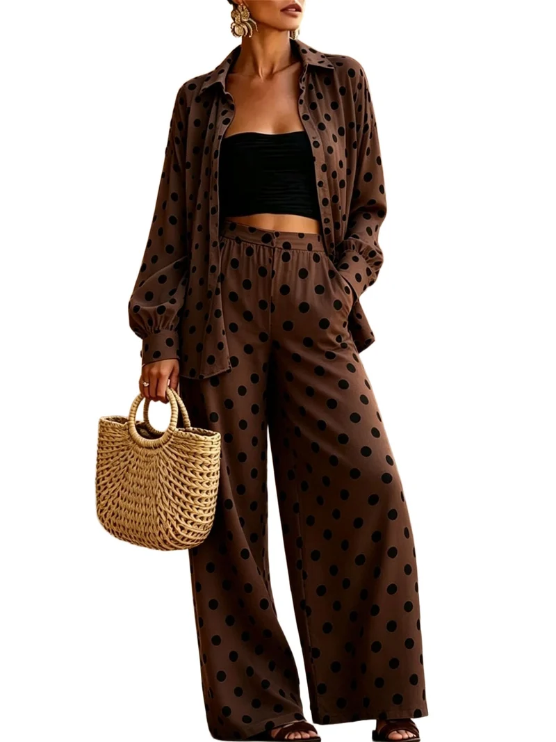 Damen Zweiteiliges Punkte-Loungewear-Set mit weitem Hemd und Palazzo-Hose Nord Taschen