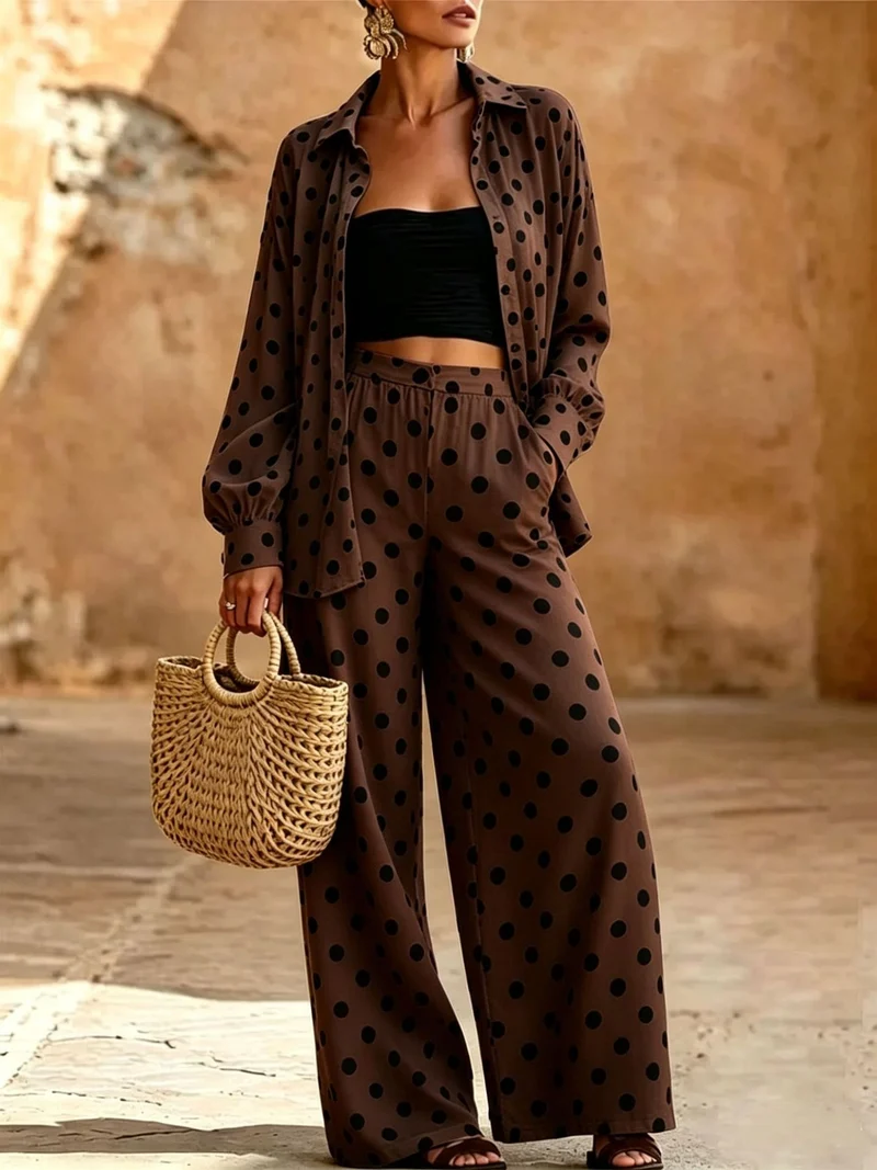 Damen Zweiteiliges Punkte-Loungewear-Set mit weitem Hemd und Palazzo-Hose Nord Taschen