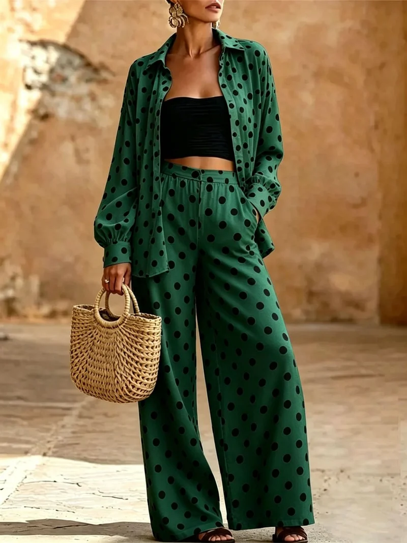 Damen Zweiteiliges Punkte-Loungewear-Set mit weitem Hemd und Palazzo-Hose Nord Taschen