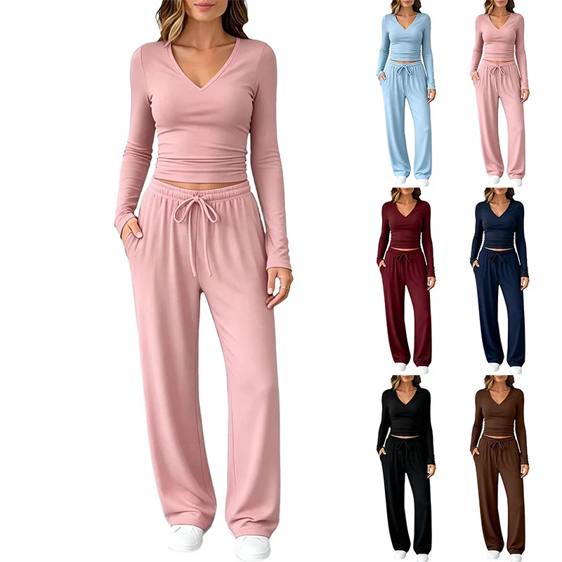 Damen Zweiteiliges Lounge-Set mit tailliertem V-Ausschnitt Crop-Top und weiten Tunnelzug-Palazzo-Hosen Nord Taschen