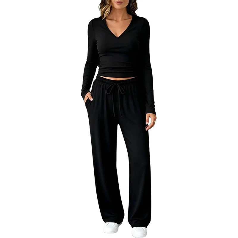 Damen Zweiteiliges Lounge-Set mit tailliertem V-Ausschnitt Crop-Top und weiten Tunnelzug-Palazzo-Hosen Nord Taschen