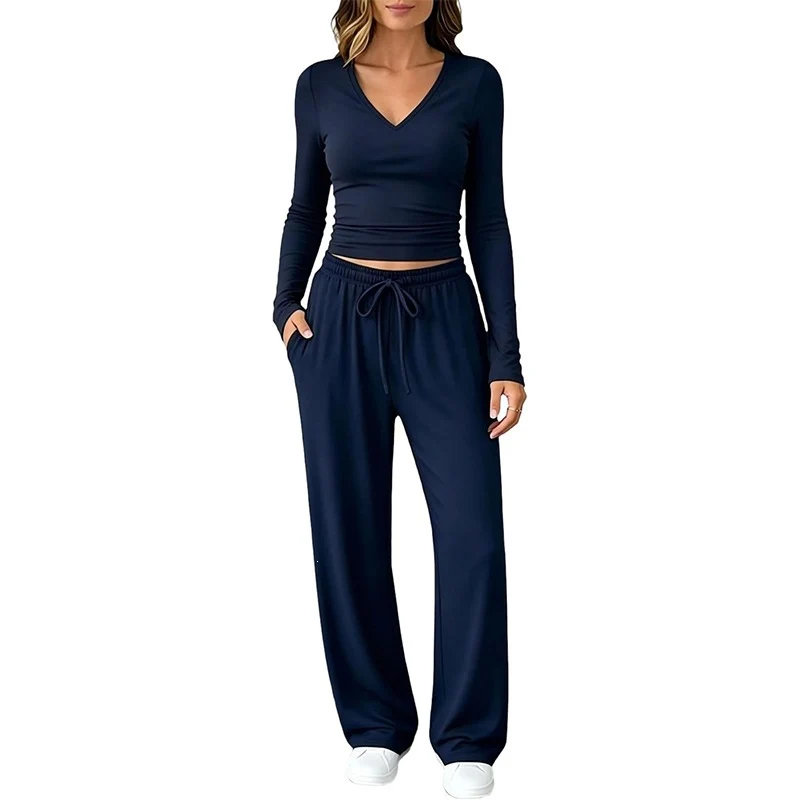 Damen Zweiteiliges Lounge-Set mit tailliertem V-Ausschnitt Crop-Top und weiten Tunnelzug-Palazzo-Hosen Nord Taschen