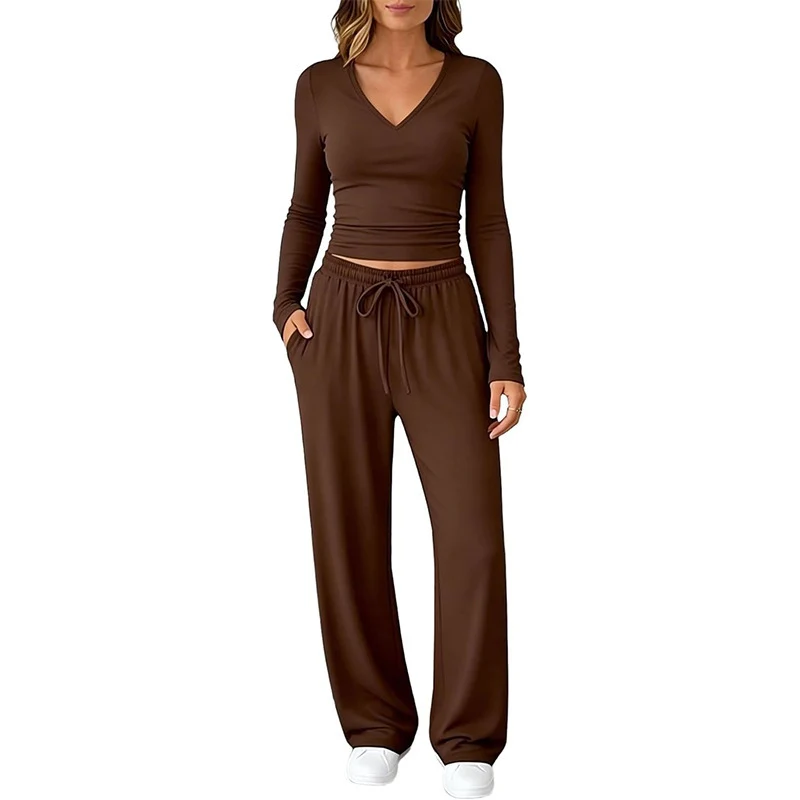 Damen Zweiteiliges Lounge-Set mit tailliertem V-Ausschnitt Crop-Top und weiten Tunnelzug-Palazzo-Hosen Nord Taschen