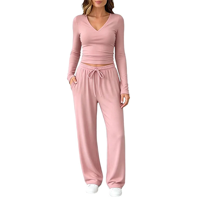 Damen Zweiteiliges Lounge-Set mit tailliertem V-Ausschnitt Crop-Top und weiten Tunnelzug-Palazzo-Hosen Nord Taschen