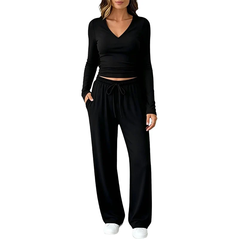 Damen Zweiteiliges Lounge-Set mit tailliertem V-Ausschnitt Crop-Top und weiten Tunnelzug-Hosen Nord Taschen