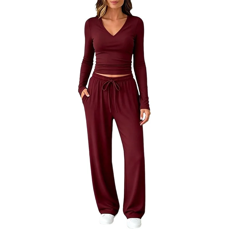 Damen Zweiteiliges Lounge-Set mit tailliertem V-Ausschnitt Crop-Top und weiten Tunnelzug-Hosen Nord Taschen