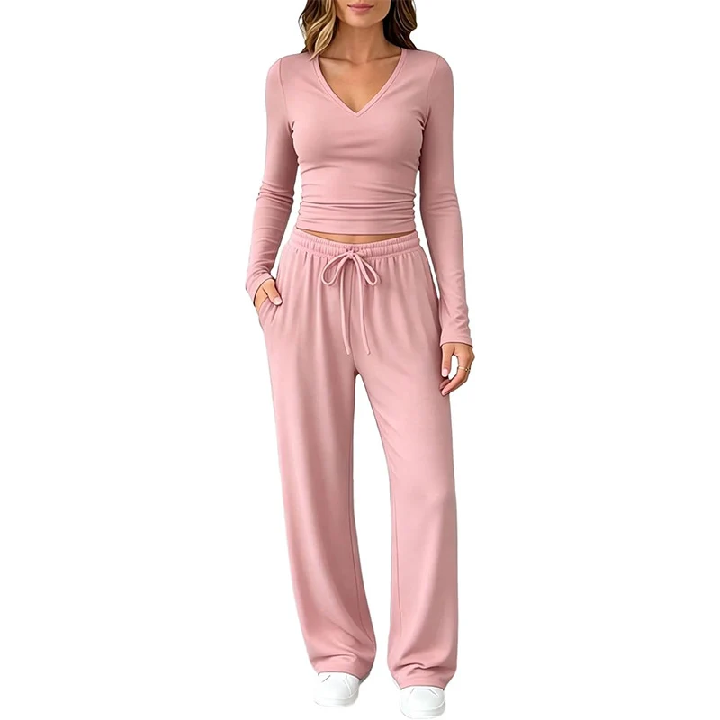 Damen Zweiteiliges Lounge-Set mit tailliertem V-Ausschnitt Crop-Top und weiten Tunnelzug-Hosen Nord Taschen