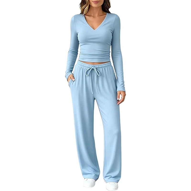 Damen Zweiteiliges Lounge-Set mit tailliertem V-Ausschnitt Crop-Top und weiten Tunnelzug-Hosen Nord Taschen
