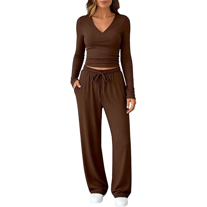 Damen Zweiteiliges Lounge-Set mit tailliertem V-Ausschnitt Crop-Top und weiten Tunnelzug-Hosen Nord Taschen