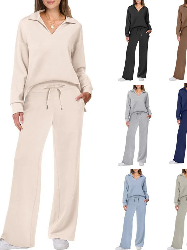Damen Zweiteiliges Lounge-Set mit Polokragen und V-Ausschnitt sowie weiter Kordelzug-Hose Nord Taschen