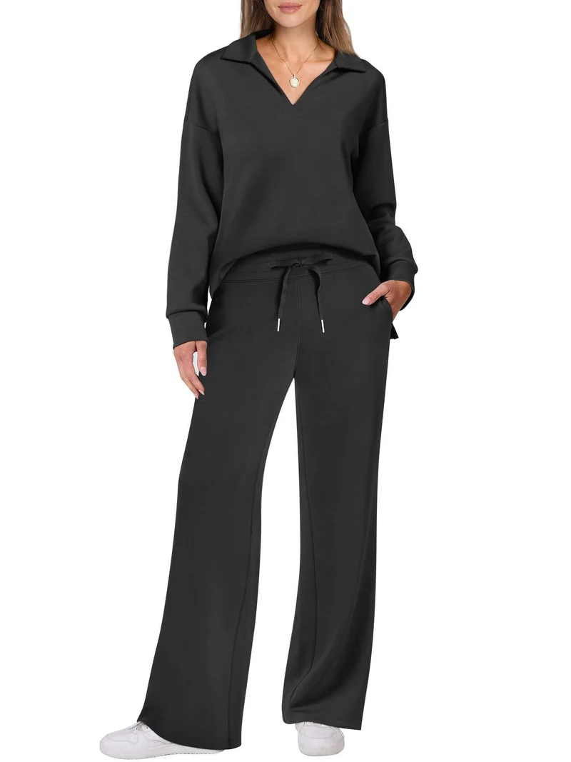 Damen Zweiteiliges Lounge-Set mit Polokragen und V-Ausschnitt sowie weiter Kordelzug-Hose Nord Taschen