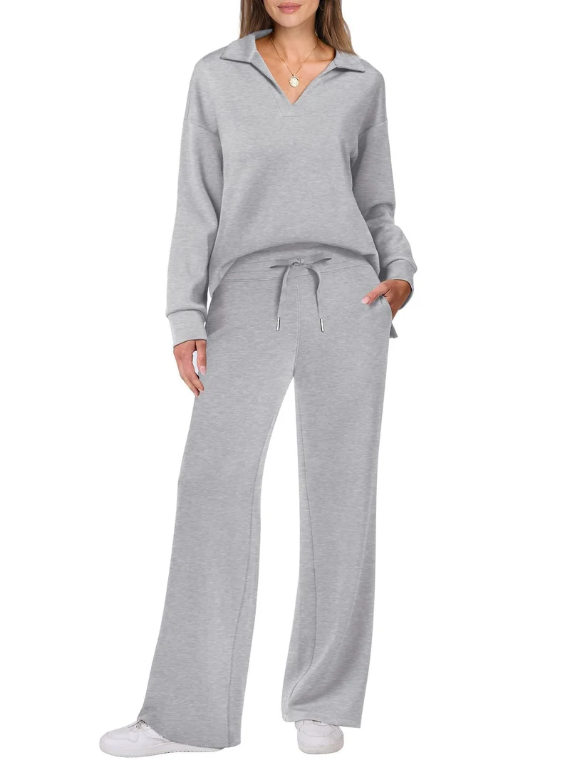 Damen Zweiteiliges Lounge-Set mit Polokragen und V-Ausschnitt sowie weiter Kordelzug-Hose Nord Taschen