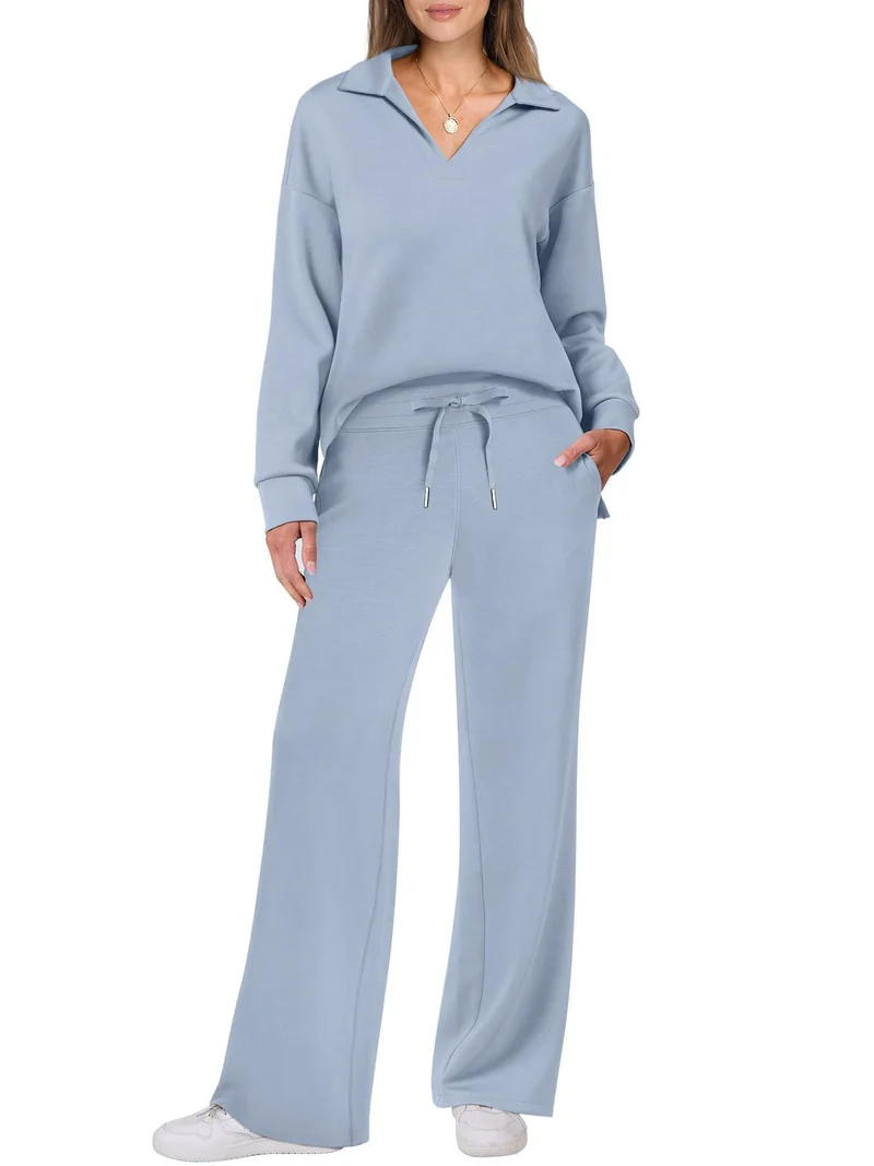 Damen Zweiteiliges Lounge-Set mit Polokragen und V-Ausschnitt sowie weiter Kordelzug-Hose Nord Taschen