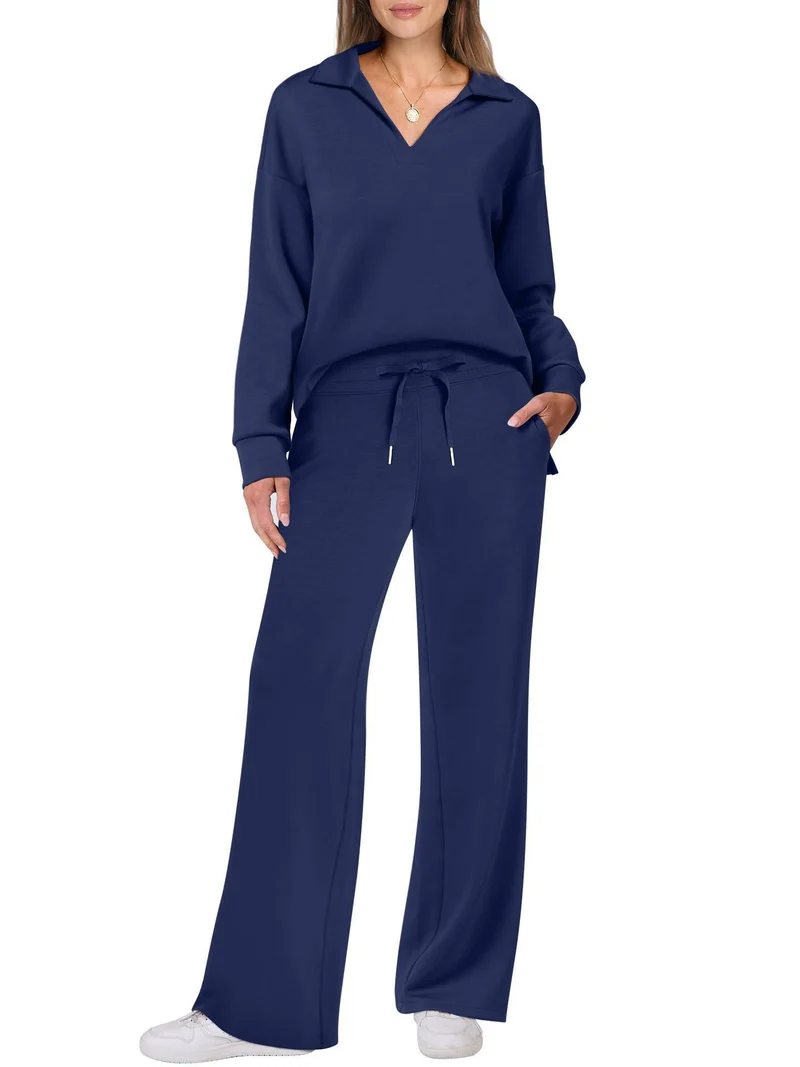 Damen Zweiteiliges Lounge-Set mit Polokragen und V-Ausschnitt sowie weiter Kordelzug-Hose Nord Taschen