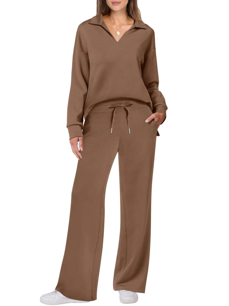 Damen Zweiteiliges Lounge-Set mit Polokragen und V-Ausschnitt sowie weiter Kordelzug-Hose Nord Taschen