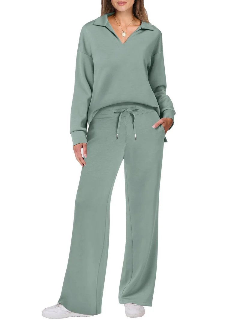 Damen Zweiteiliges Lounge-Set mit Polokragen und V-Ausschnitt sowie weiter Kordelzug-Hose Nord Taschen