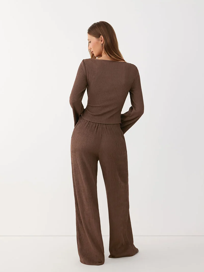 Damen Zweiteiliges geripptes Lounge-Set mit Wickeloberteil und weiter Hose Nord Taschen