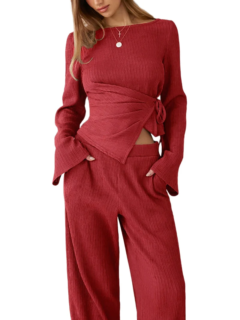 Damen Zweiteiliges geripptes Lounge-Set mit Wickeloberteil und weiter Hose Nord Taschen
