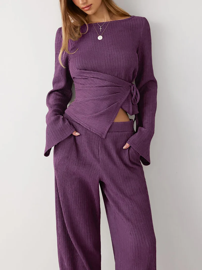 Damen Zweiteiliges geripptes Lounge-Set mit Wickeloberteil und weiter Hose Nord Taschen