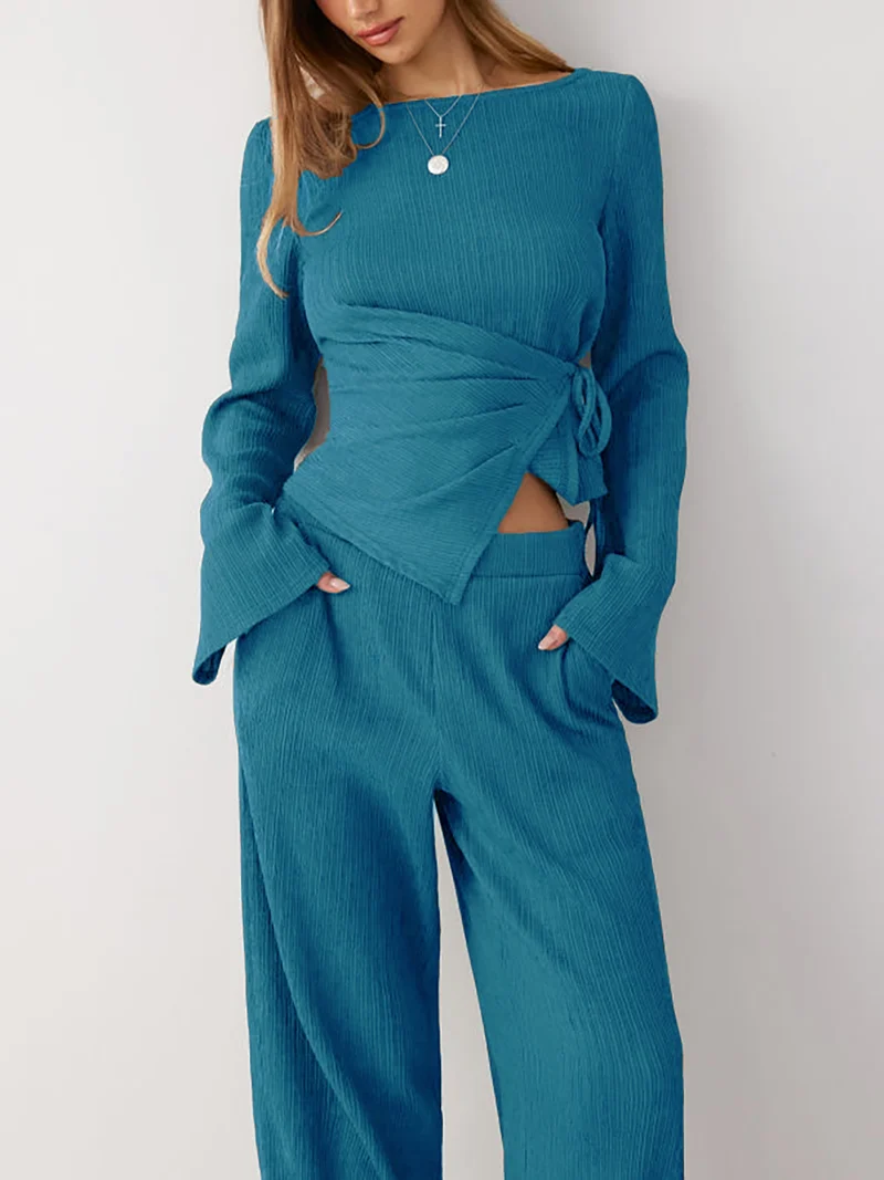 Damen Zweiteiliges geripptes Lounge-Set mit Wickeloberteil und weiter Hose Nord Taschen