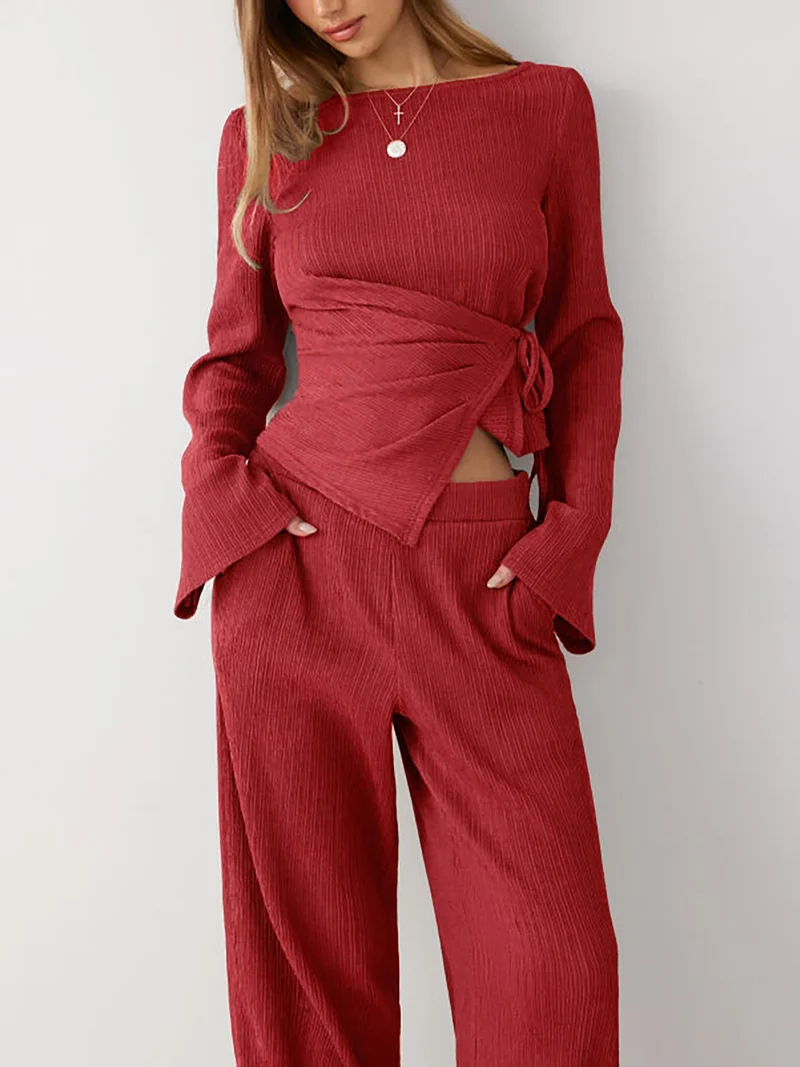 Damen Zweiteiliges geripptes Lounge-Set mit Wickeloberteil und weiter Hose Nord Taschen