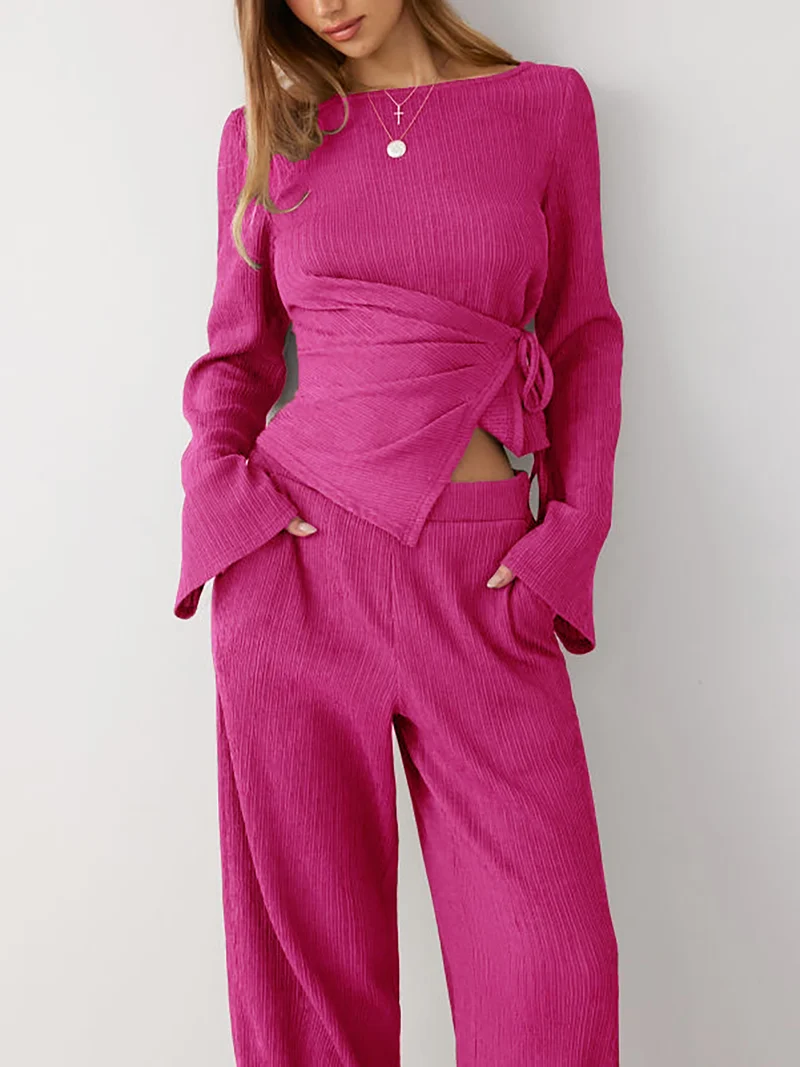 Damen Zweiteiliges geripptes Lounge-Set mit Wickeloberteil und weiter Hose Nord Taschen