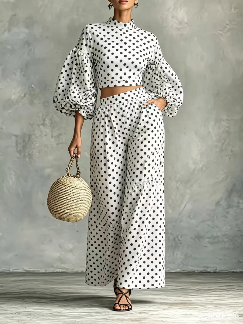 Damen Zweiteiliges Gepunktetes Ensemble mit Cropped Stehkragen-Top und weiter Palazzo-Hose Nord Taschen